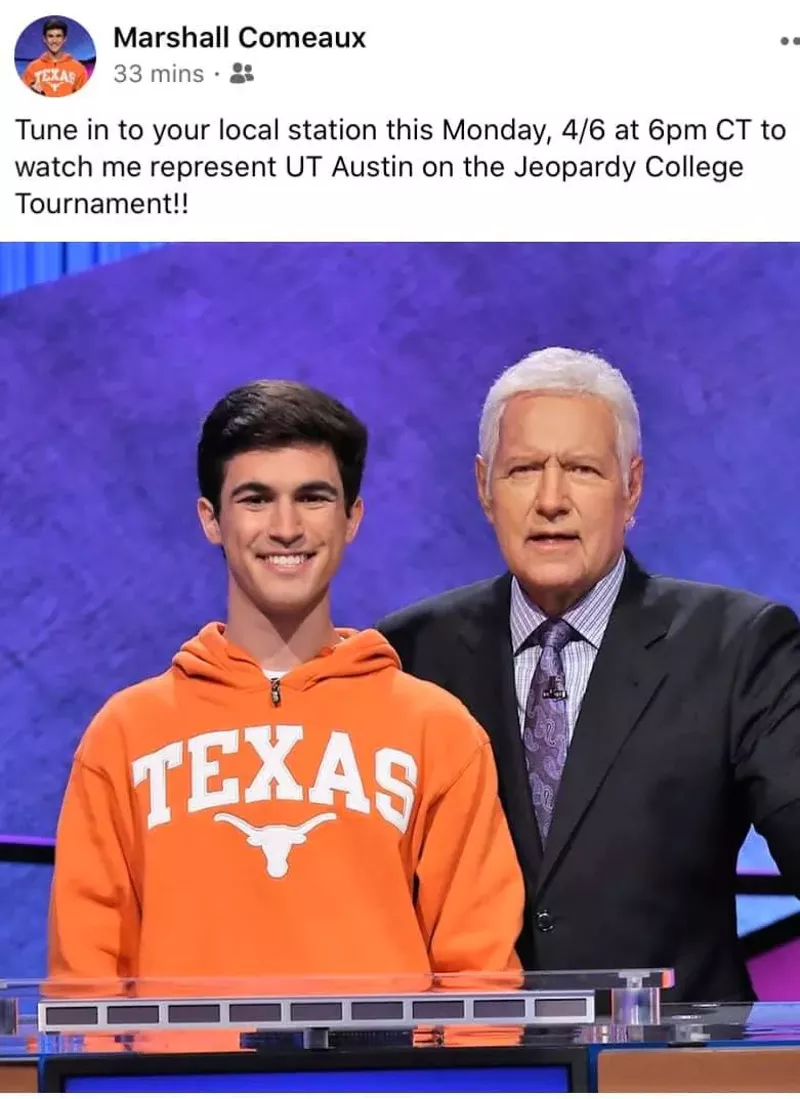 Image: University of Texas at Austin student and North Dallas native Marshall Comeaux (left) with Jeopardy! host Alex Trebek.