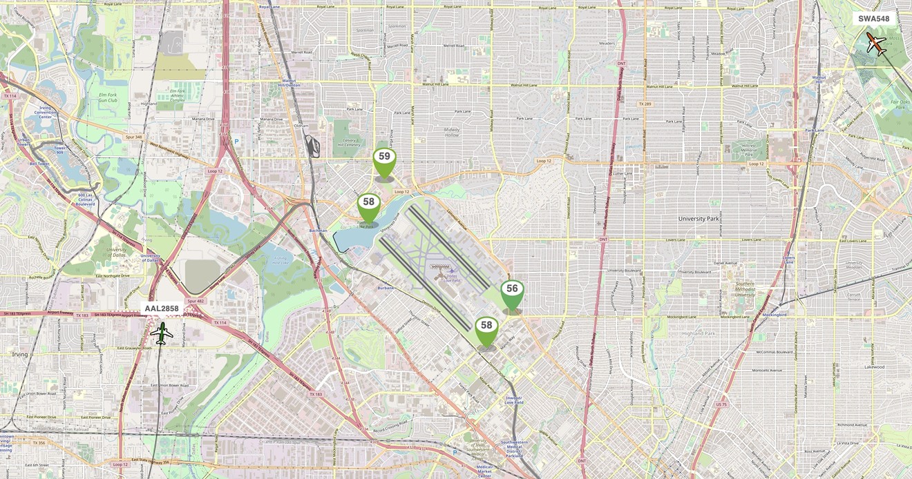 Flight Tracker shows noise levels around Dallas Love Field Airport on Oct. 31.