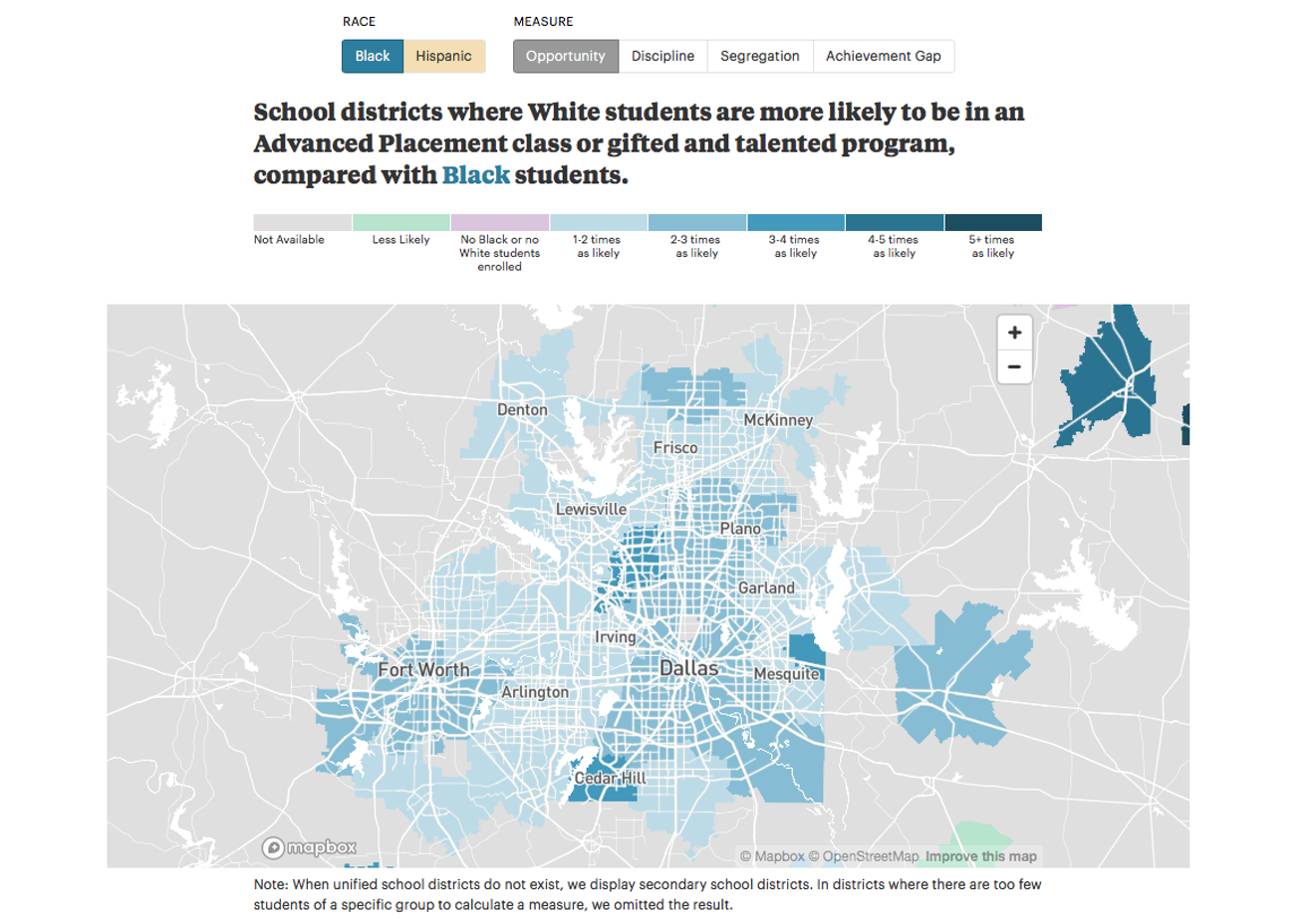 A screenshot from a map put together by ProPublica demonstrates how racial disparities affect black education in DFW.