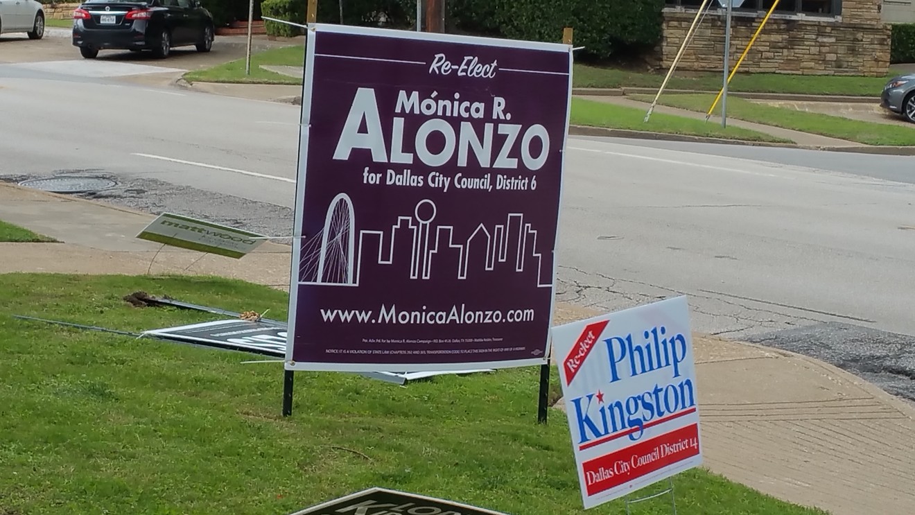 A Monica Alonzo campaign sign at Reverchon Park in Oak Lawn in 2017.