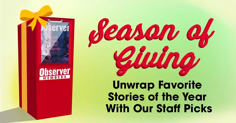 Image: Graphic with a newsstand wrapped in a bow, with text that says 'Season of Giving, unwrap favorite stories of the year with our staff picks.'