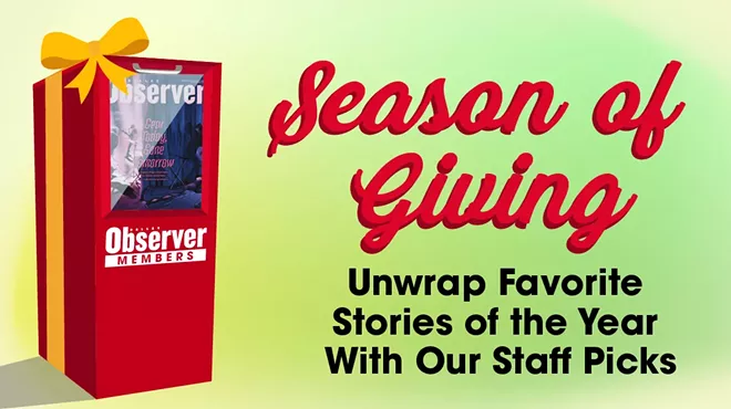 Graphic with a newsstand wrapped in a bow, with text that says 'Season of Giving, unwrap favorite stories of the year with our staff picks.'