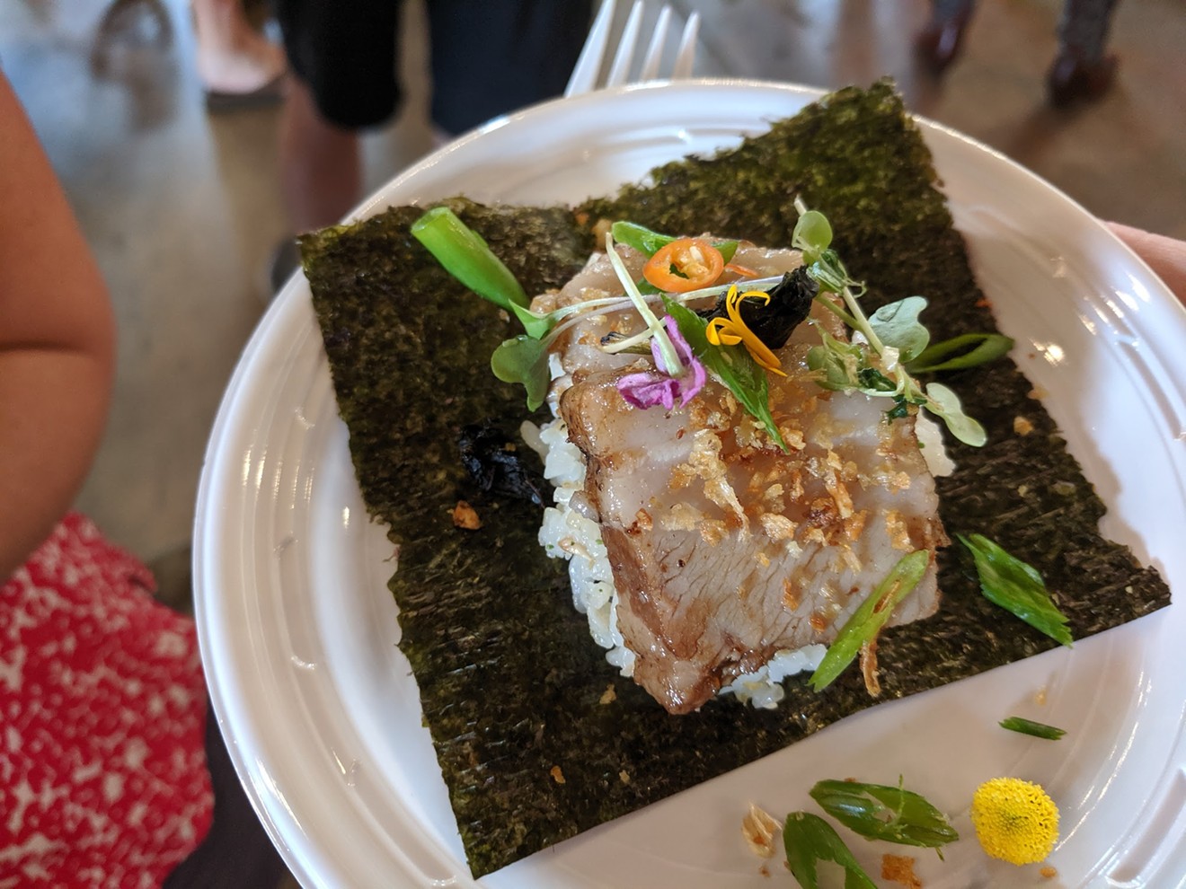 Ulam Modern Filipino Kitchen presented pork belly on a ball of garlic fried rice and a sheet of dried seaweed, musubi-style (ish).