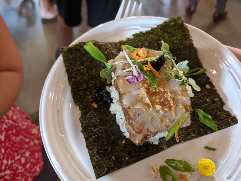 Image: Ulam Modern Filipino Kitchen presented pork belly on a ball of garlic fried rice and a sheet of dried seaweed, musubi-style (ish).