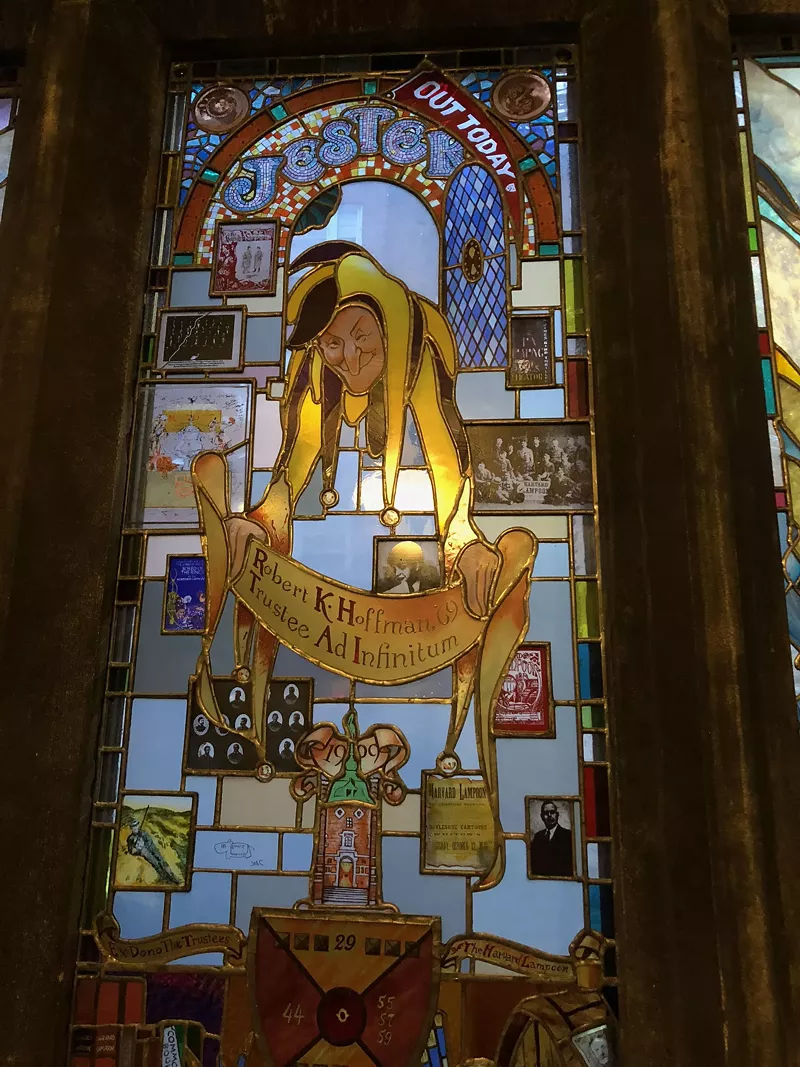 Image: A stained-glass window in the Lampoon Castle, the headquarters of Harvard University's student humor magazine, features a likeness of Robert K. Hoffman.
