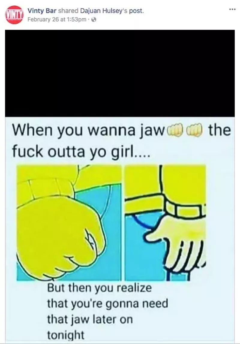 Image: This Vinty Bar's Facebook page no longer exists after users complained about the nightclub posting this meme making light of domestic violence.