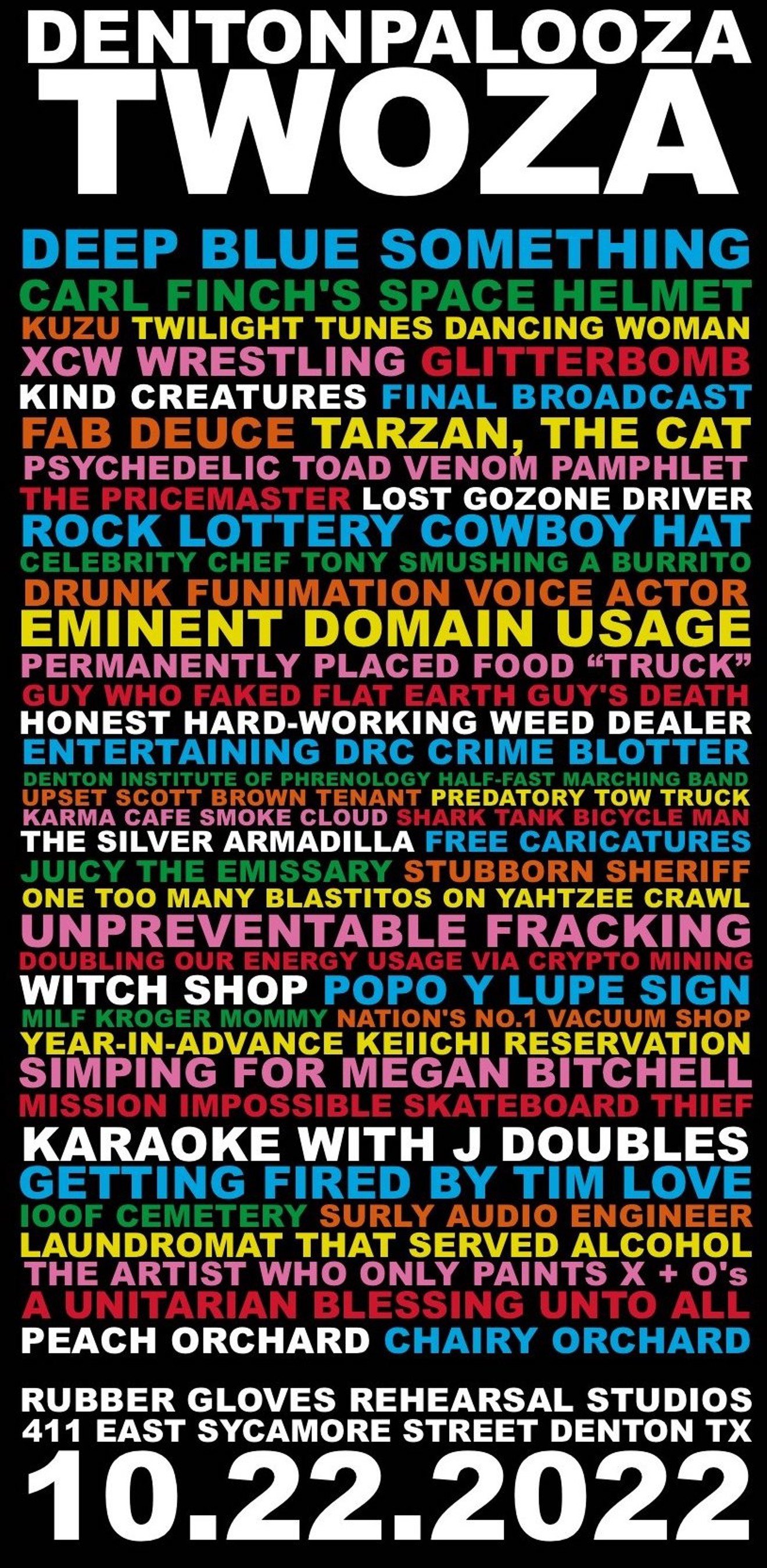 Dentonpalooza Twoza's poster is full of inside jokes, wacky characters and local bands.