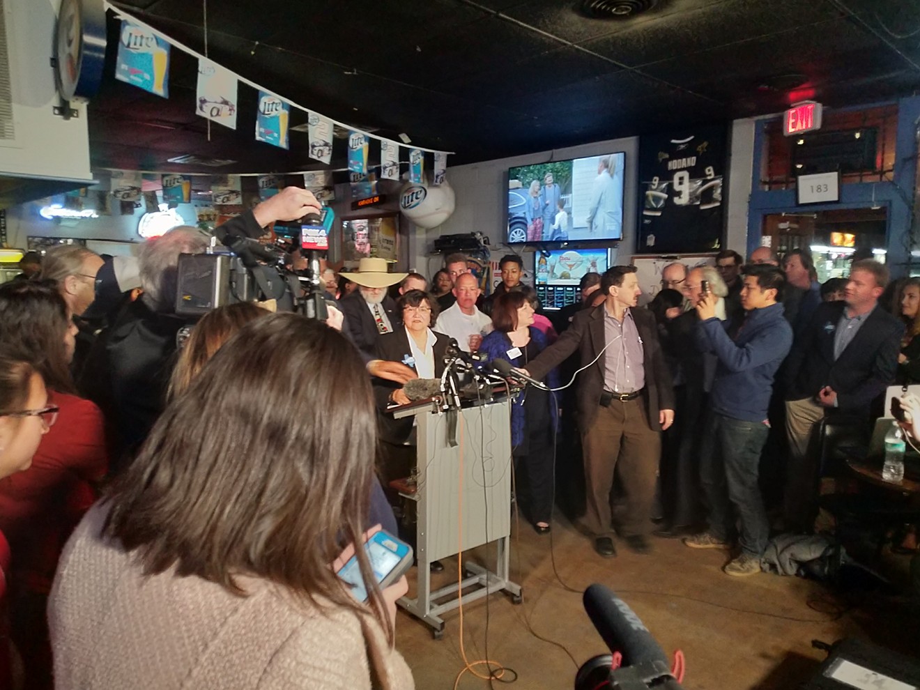 Lupe Valdez speaks to the media on March 7.