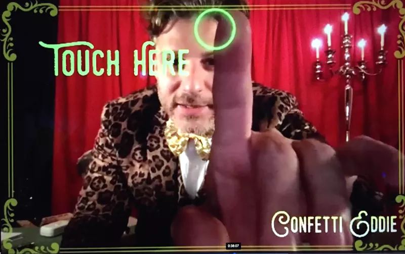 Image: Dallas magician "Confetti Eddie" Ruiz performs a mentalism trick with a virtual audience.