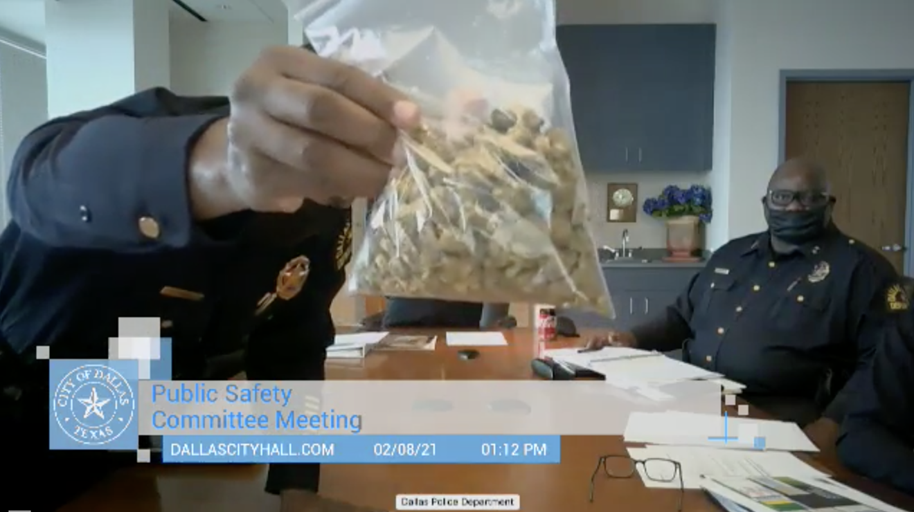 The Dallas Police Department shows Public Safety Committee members what 2 ounces of weed looks like.
