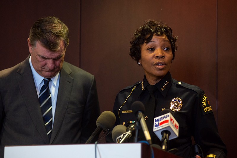 Mayor Mike Rawlings and Dallas police Chief U. Renee Hall talk to reporters.