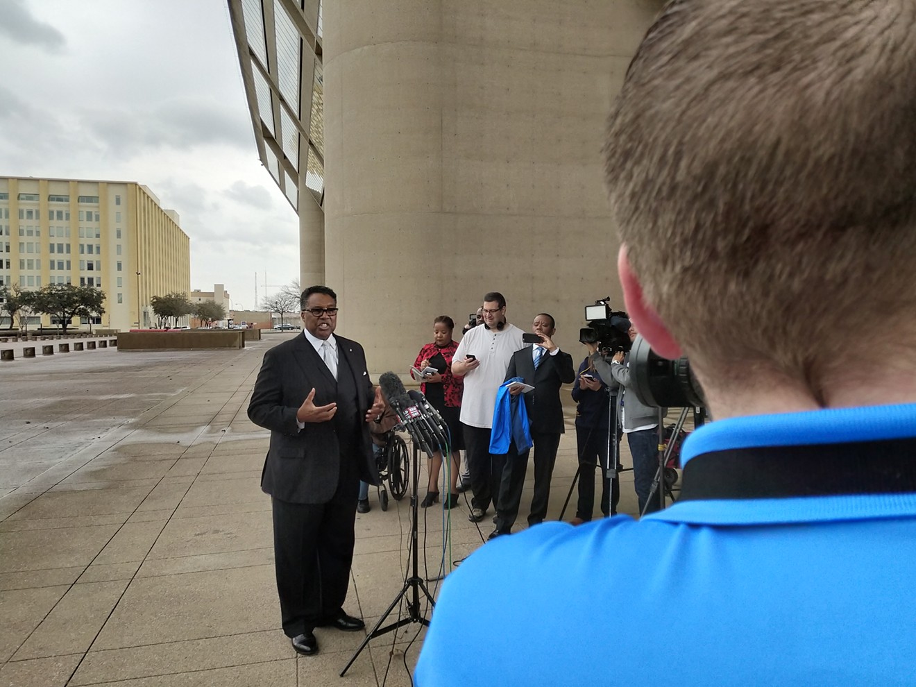 Dwaine Caraway, who owns five guns, speaks out against the NRA at Dallas City Hall on Monday Feb. 19.