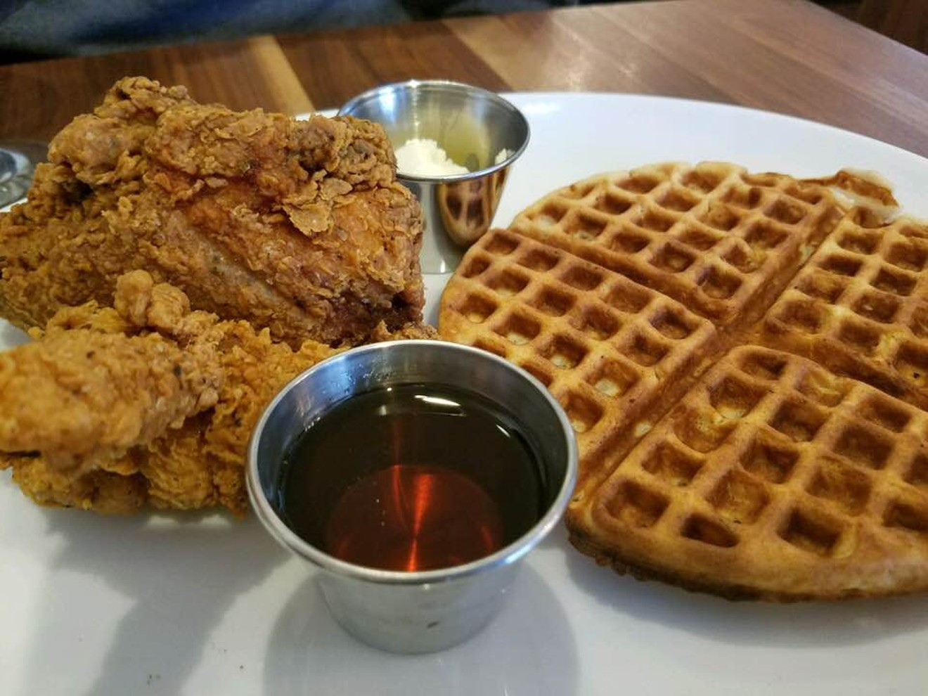 From left: chicken, waffles.