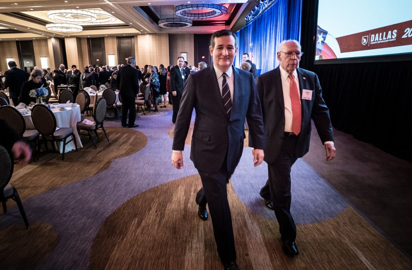 Ted Cruz (left) and his father, Rafael Cruz, attended the Dallas County Republicans' Reagan Day dinner earlier this year.