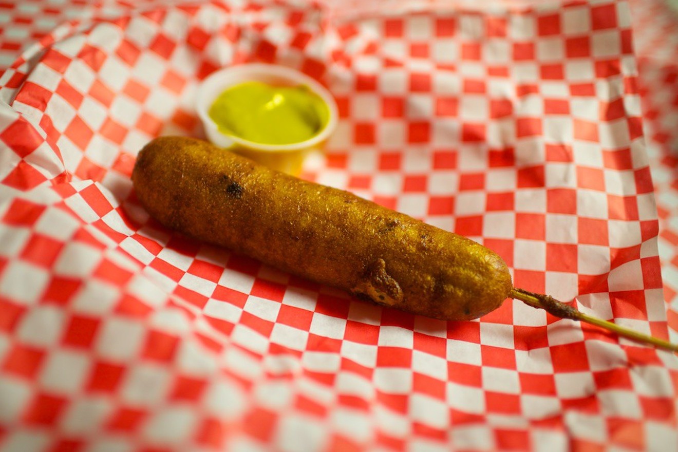 The off-menu, late-night corn dog at the Lakewood Landing, a homemade, jalapeño cornbread batter encased around a Rudolph’s sausage.