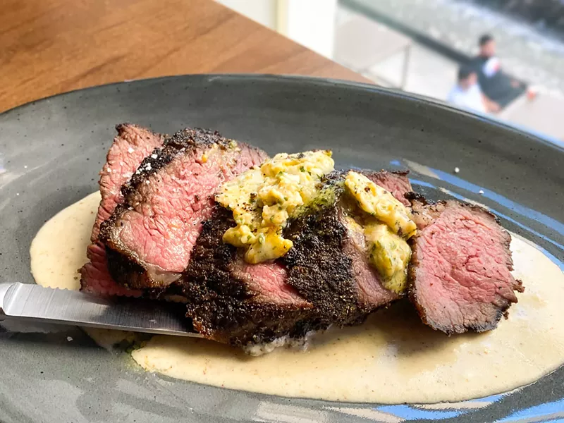 Image: Deux:A Bar H Ranch Tri Tip: smoked yolk herb butter, charred egg white cream, $25