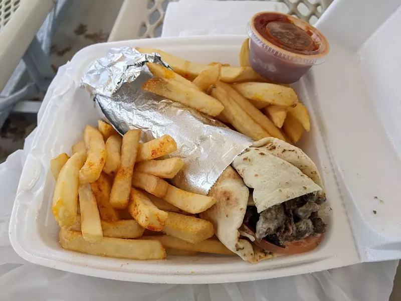 Image: A beef shawarma wrap with fries from Pita Town
