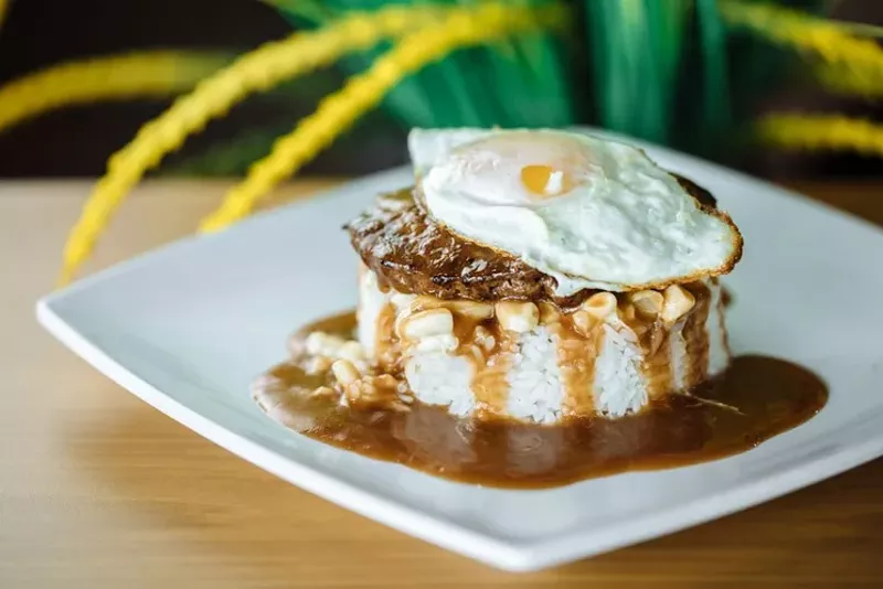 Image: Sapp Sapp's loco moco: rice topped with a burger patty and layered with macaroni, gravy and a fried egg.