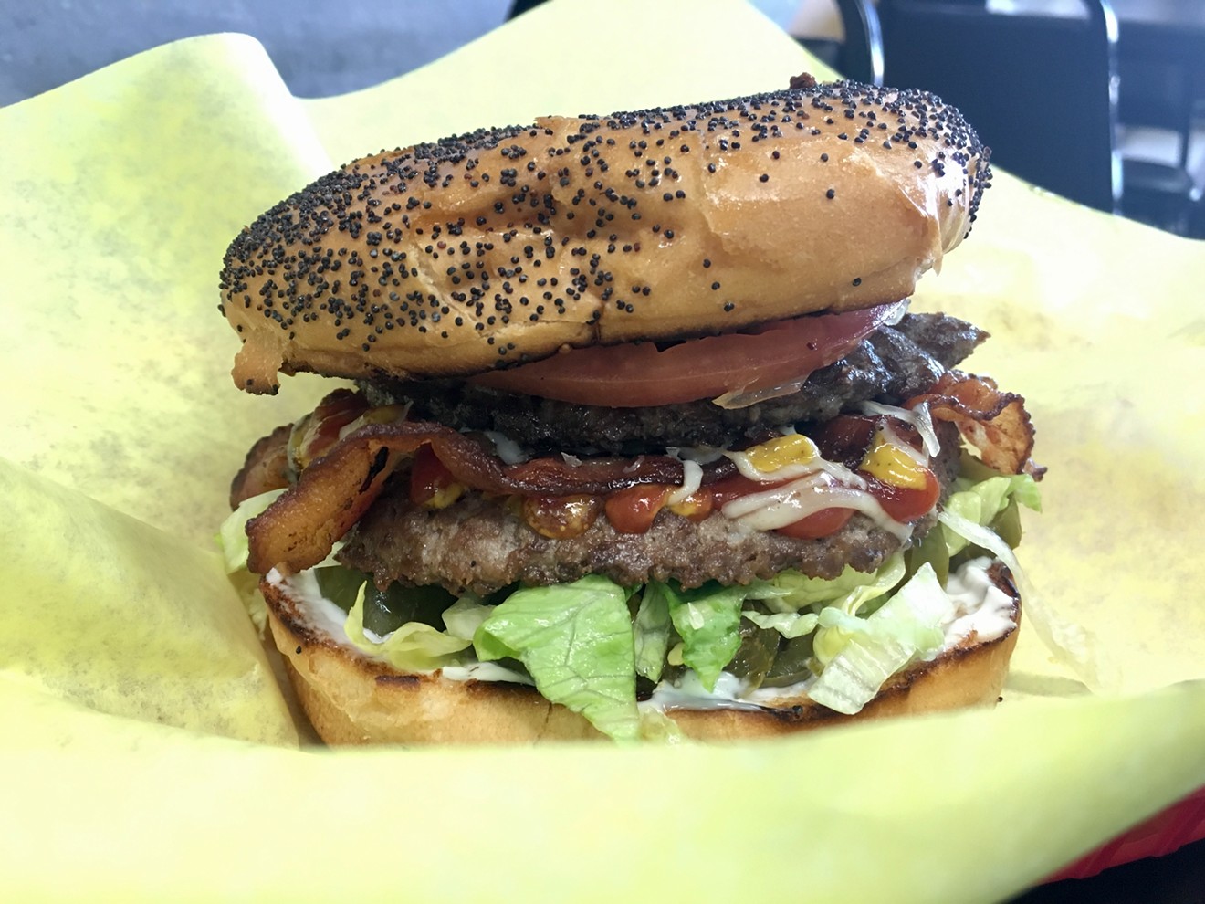 The Marco Special, a double cheeseburger with bacon, shredded cheese, jalapeno, pickle, mustard, mayo and ketchup for $6.39.