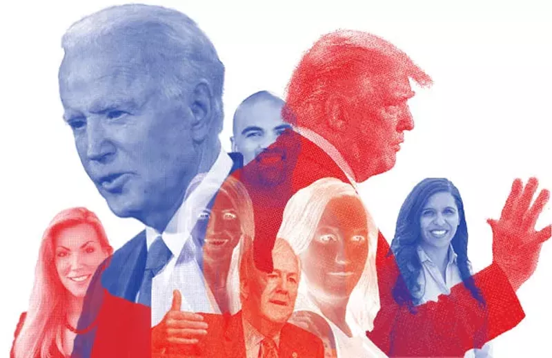 Image: The contenders for the 2020 national, state and local elections for Dallas county: From left to right: Beth Van Duyne (R), Genevieve Collins (R), John Cornyn (R), Colin Allred (D), MJ Hegar (D), Candace Valenzuela (D); Top: Joe Biden (D) and Donald Trump (R)