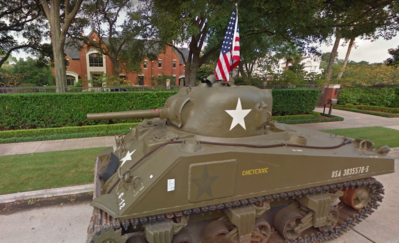 A World War II tank owned by attorney Tony Buzbee was parked in front of his Houston home.