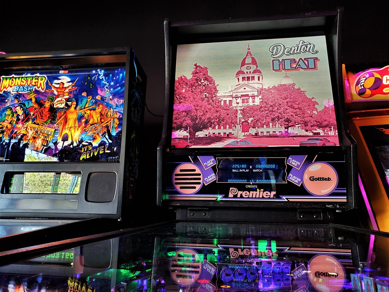 A custom-made pinball machine called Denton Heat that's based on Gottlieb's Hollywood Heat at the now former location of Free Play Arcade's franchise in Denton.