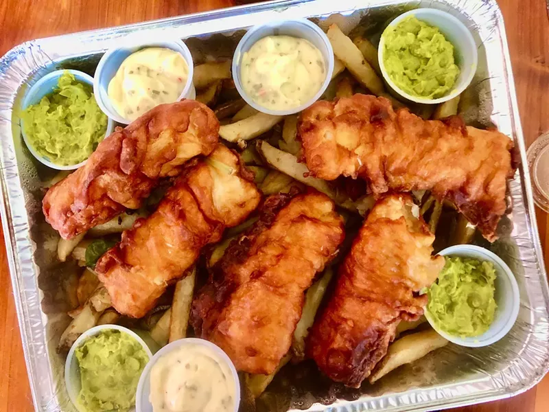 Image: From Across the Pond's family-style fish and chips with mashed peas (we're clarifying just in case it looks like guacamole to some).