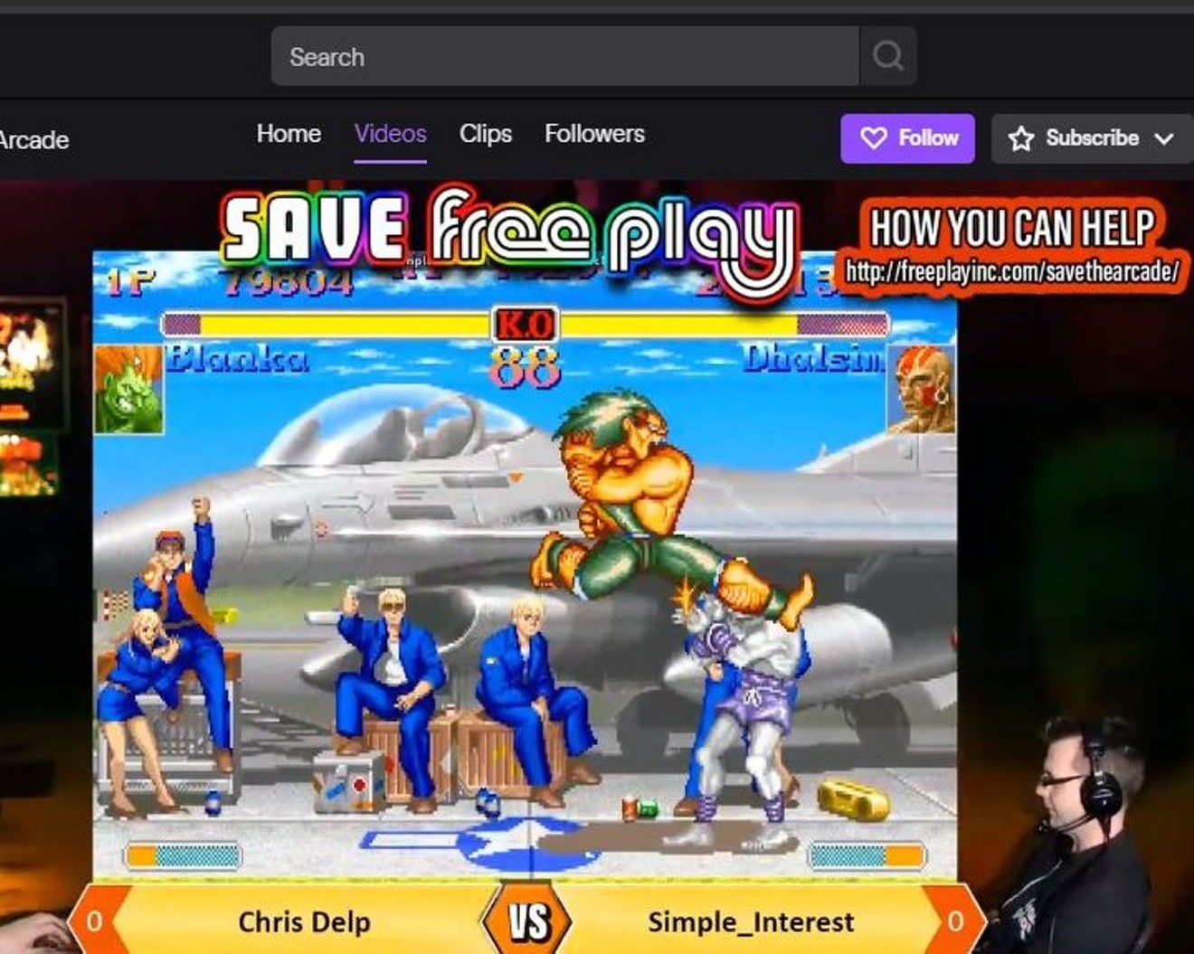 Chris Delp, the former community liaison of Free Play Arcade, competes in a Super Street Fighter tournament on the arcade's 24-hour Twitch stream.