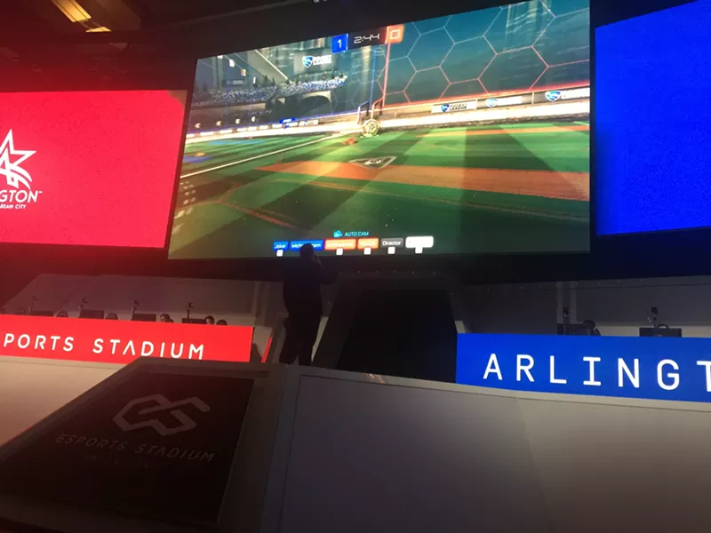 Image: The city of Arlington launched its new esports stadium with a round of Rocket League on its main stage broadcast on an 85-foot-long LED screen.