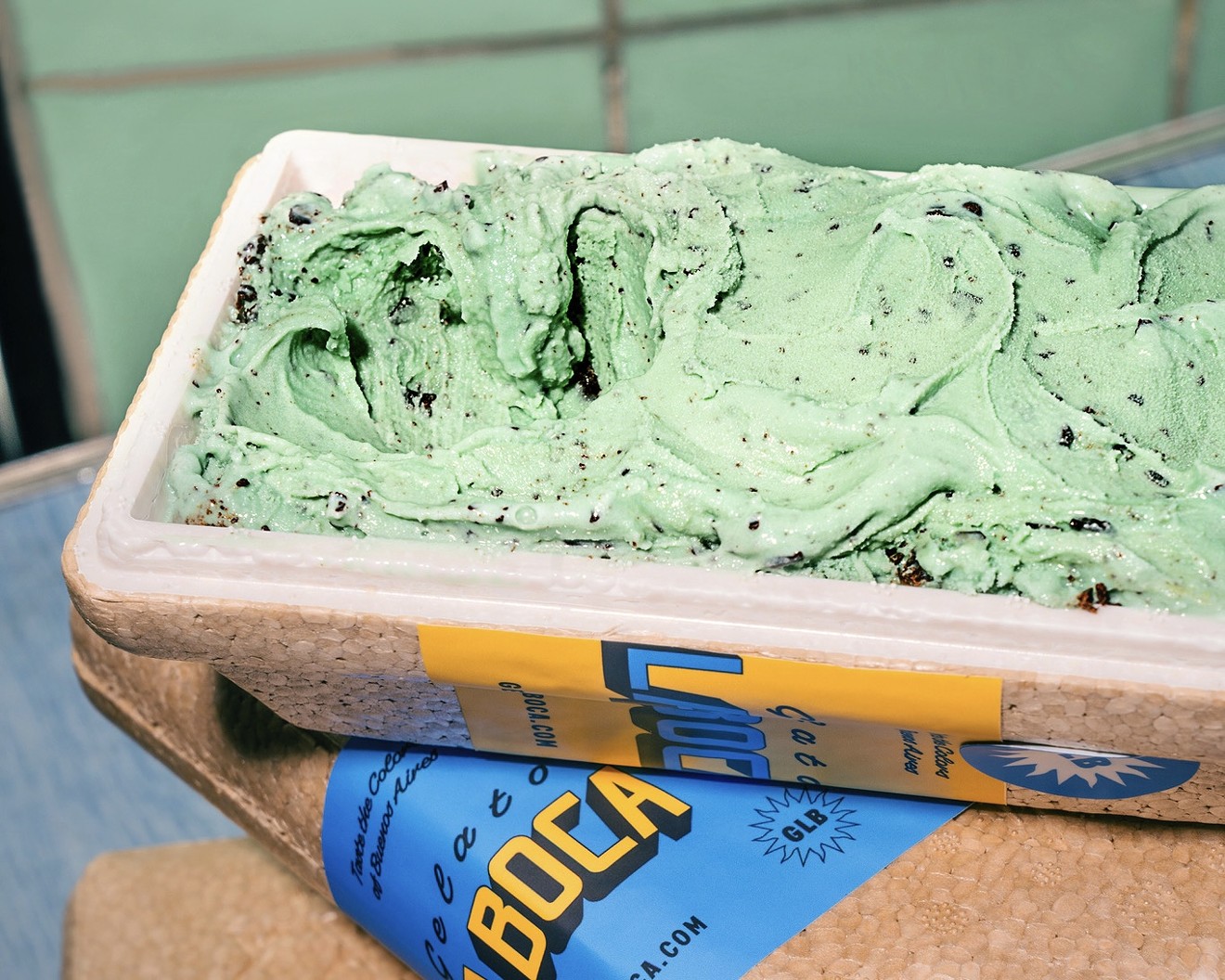 GLB's mint chip flavor is speckled with Belgian chocolate flakes.