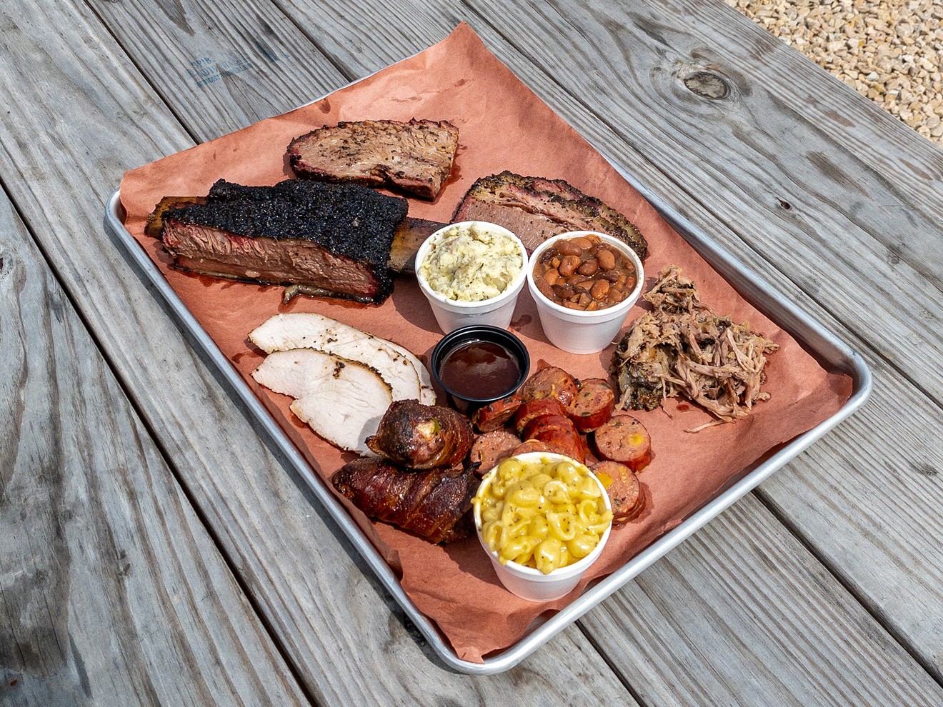 A tray of barbecue from Smoak Town showcasing almost the full menu.