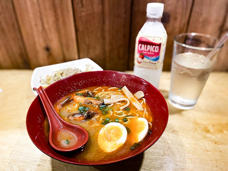 Shrimp ramen and lychee Calpico for a cozy date-night dinner.
