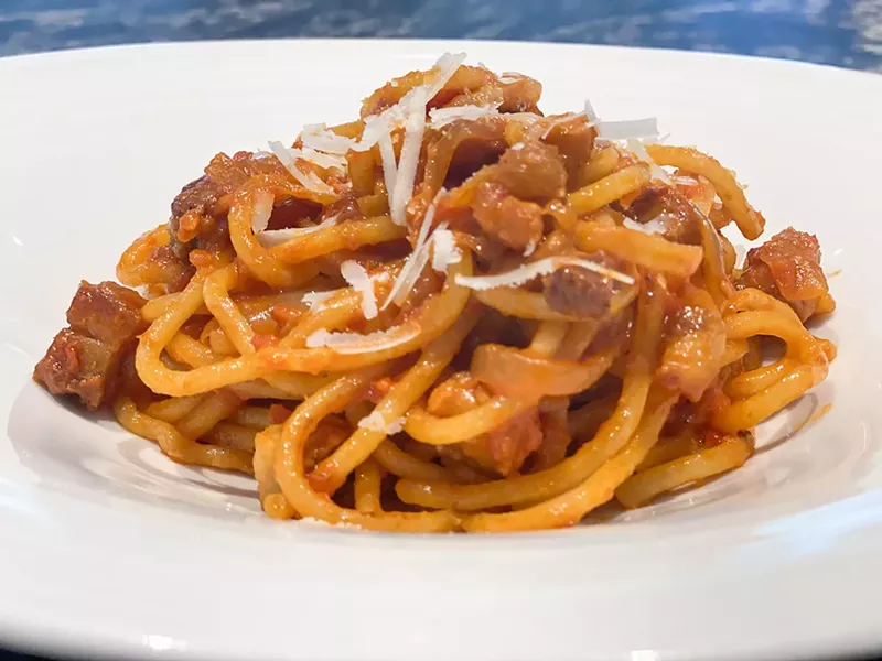 Image: The bucatini amatriciana with pancetta, red chili flakes and pecorino for $20