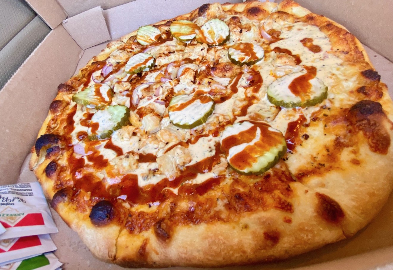 Zalat's Nashville Hot Chicken Pizza with Pickles, sans the roulette wheel of fire.