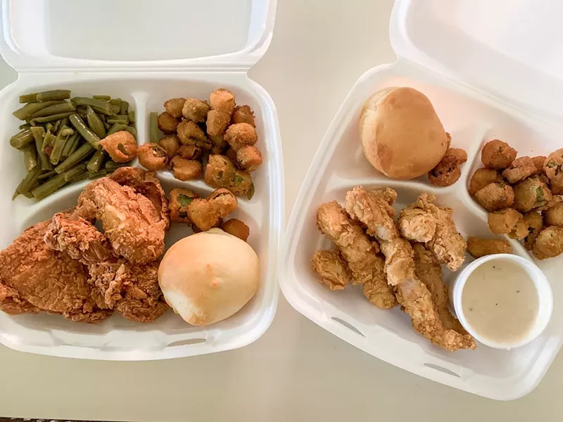 Image: The combo No. 3 (left) and an order of fried chicken tenders at Bubba's Cooks Country. The long-standing diner is drive-thru and curbside pickup only right now.
