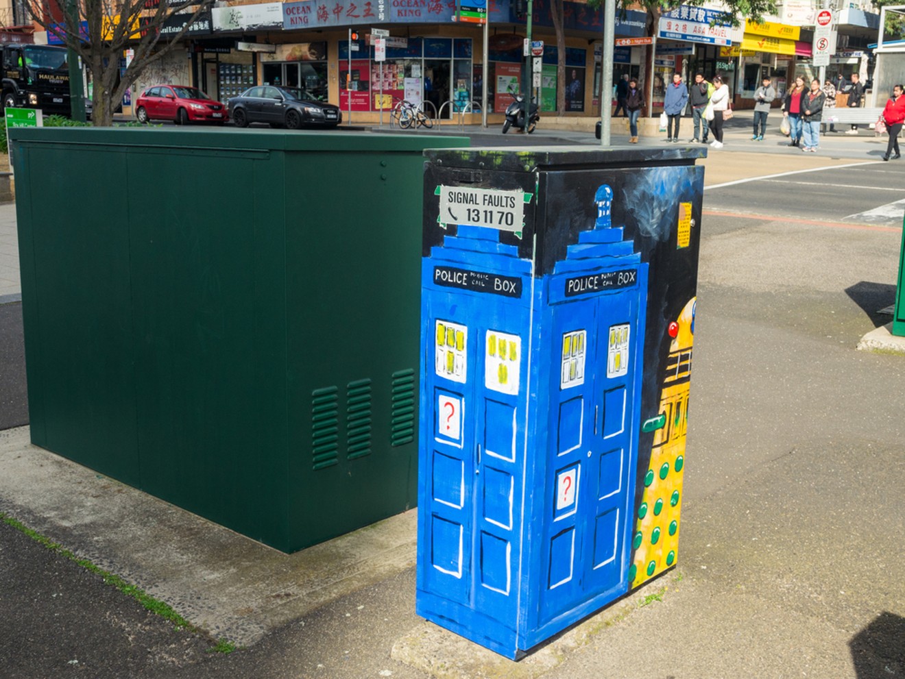 A painted traffic signal box in Melbourne, Australia.
