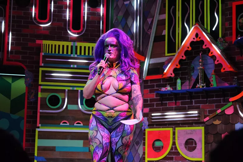 Image: Host Vivienne Vermouth opens the Trashion show at Sweet Tooth Hotel.