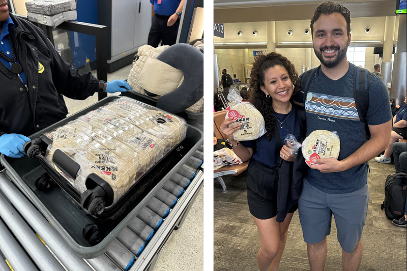 Image: H-E-B loaded up rolling suitcases and passed out tortillas at San Antonio International Airport today.