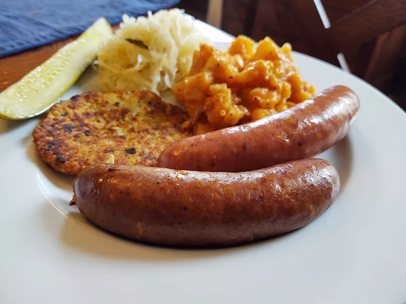 Image: A proper lunch of kasewurst, potato salad and a potato pancake