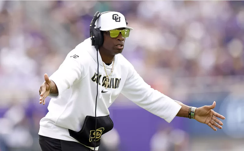 Image: Deion Sanders, head coach of the Colorado Buffaloes, celebrates a touchdown against the TCU Horned Frogs.