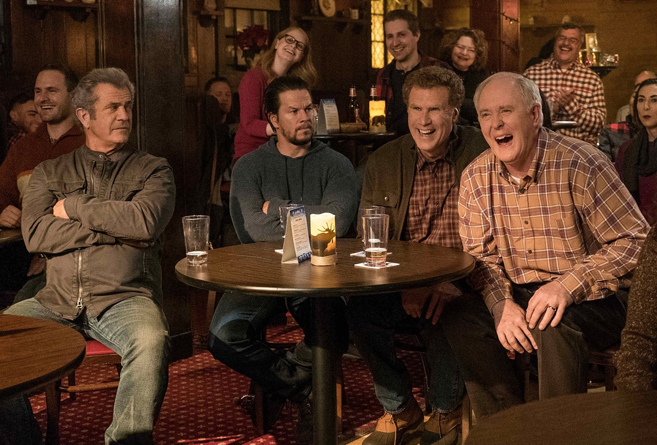 Guess who really shouldn't be one of the guys: Mel Gibson (left) appears in Daddy's Home 2 with Mark Wahlberg (second from left), Will Ferrell and John Lithgow (right).