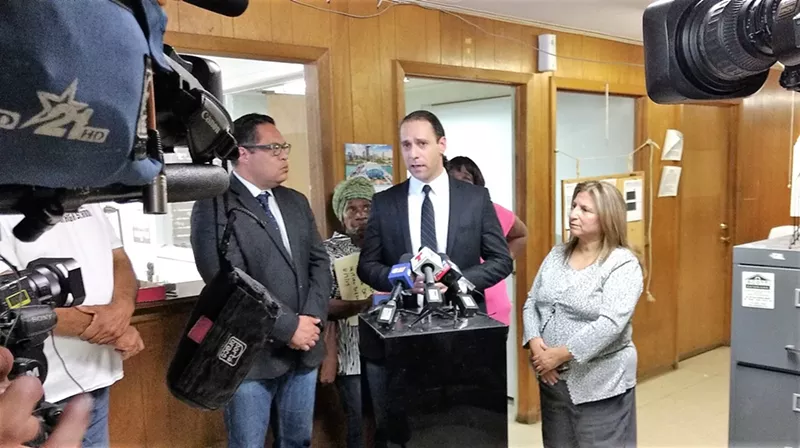 Image: From left: City Council candidate Omar Narvaez, Pearl Brown, Khraish Khraish and Hilda Duarte of LULAC attend a press conference announcing "life estates" for elderly tenants unable to qualify for conventional mortgages.
