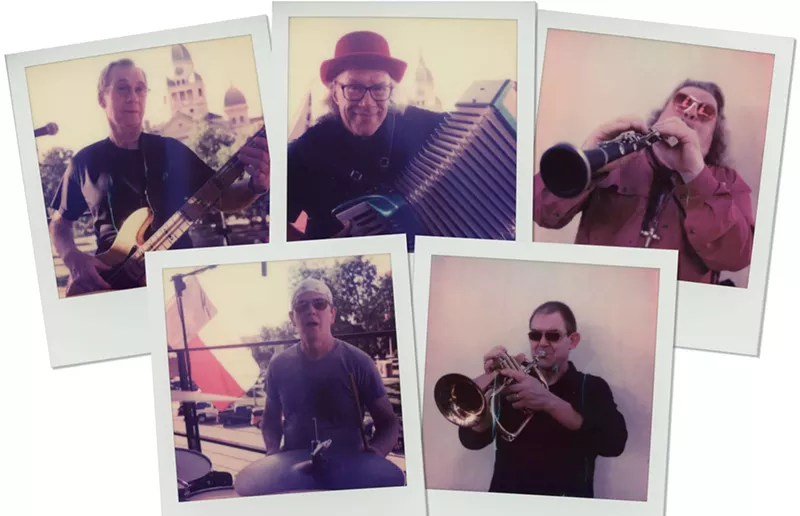 Image: Brave Combo members Lyle Atkinson (left), Carl Finch (center), Jeffrey Barnes (right), Alan Emert (bottom left) and Danny O’Brien (bottom right)