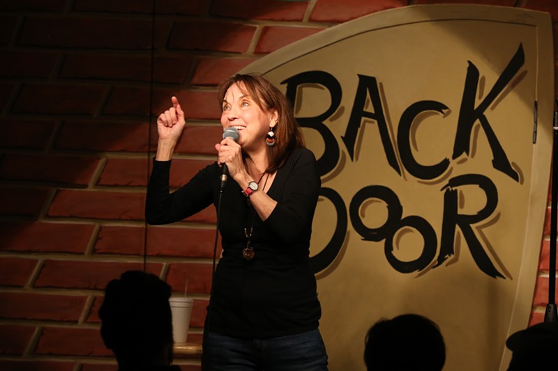 Comedian and Backdoor Comedy Club co-owner Linda Stogner performs stand-up at her Richardson club, one of North Texas' longest operating comedy theaters.