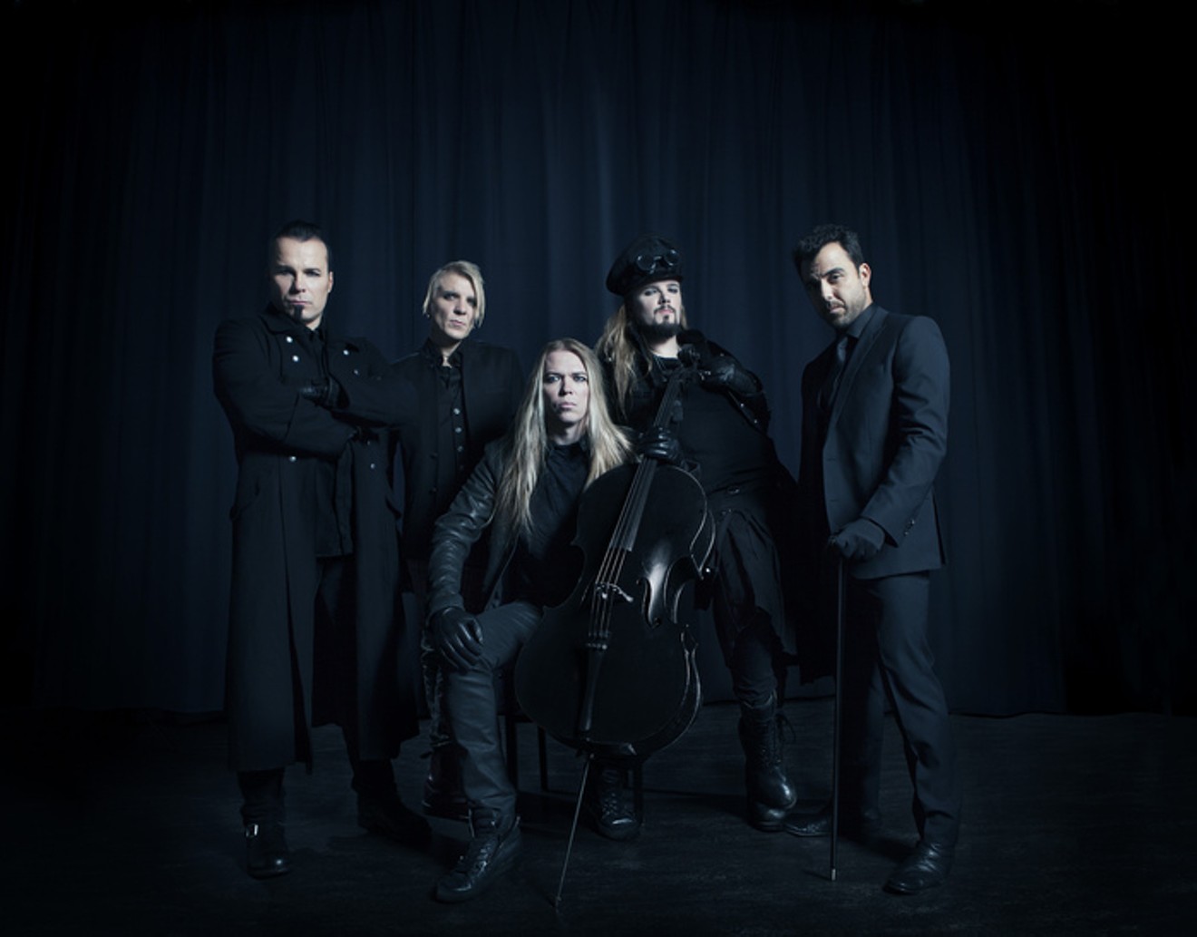 The cello metal group Apocalyptica comprises (from left) cellist Paavo Lötjönen, drummer Mikko Sirén,  cellists Eicca Toppinen and Perttu Kivilaakso and singer Franky Perez. They will play Strauss Square on Wednesday as part of their anniversary tour of their debut album, Plays Metallica By Four Cellos.