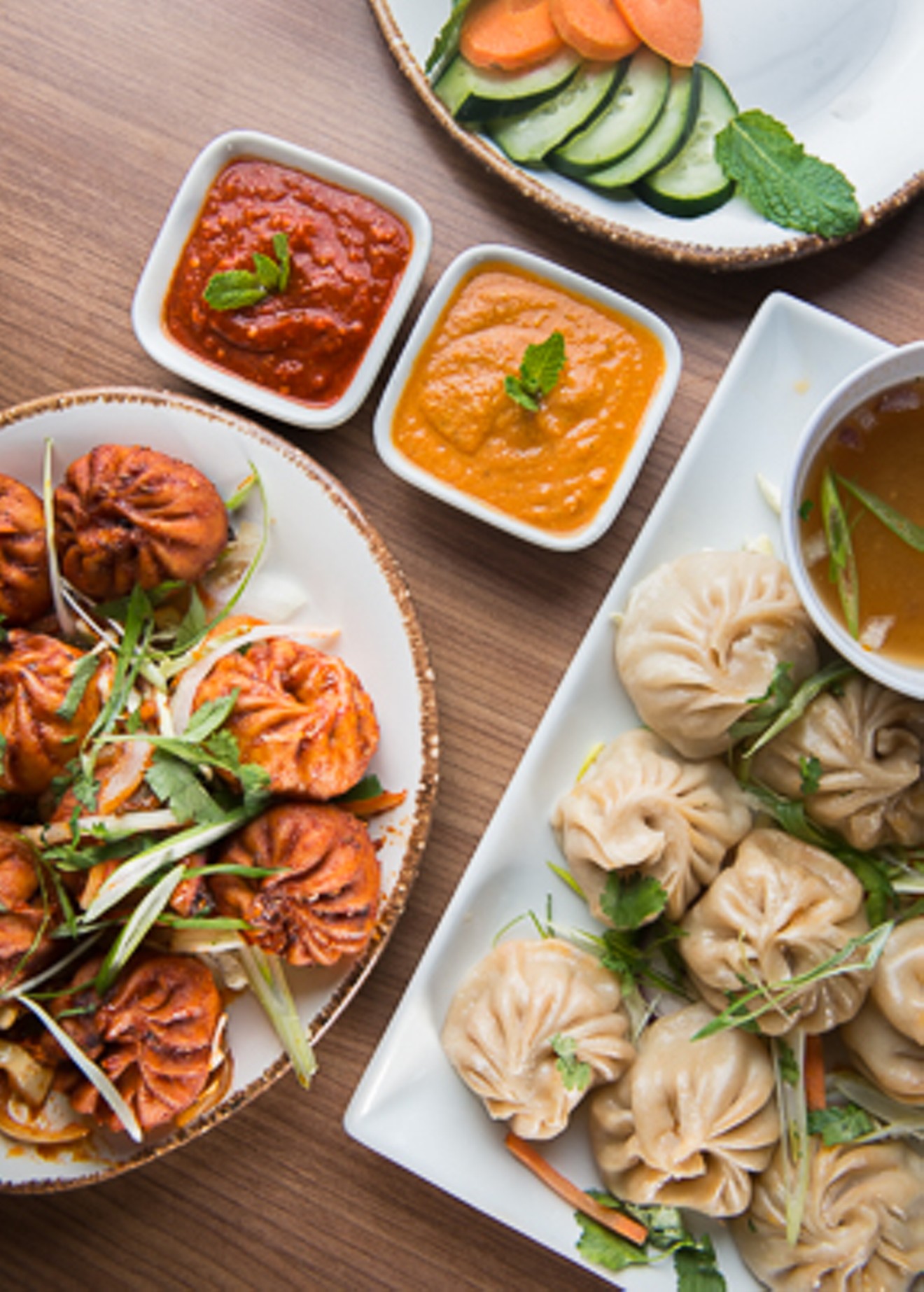 A spread of momos at Peak Restaurant, one of America's tragically few Nepalese sports bars.