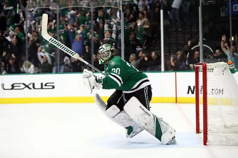 Image: Ben Bishop celebrates the overtime goal that pushed the Stars into the second round of the 2019 Stanley Cup playoffs.