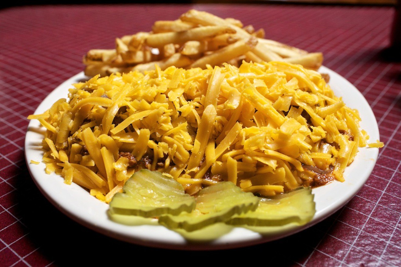 The Angry Dog comes piled high with chili and cheddar.