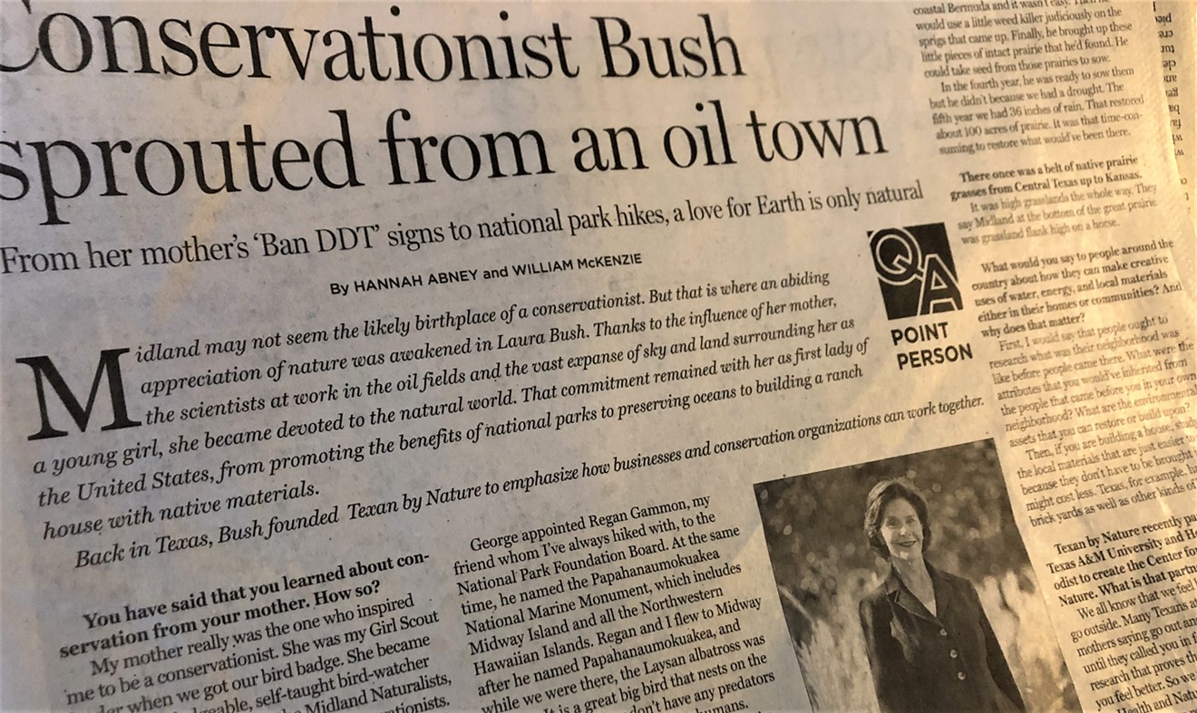 At least every other week the Points section of The Dallas Morning News carries a story written by a staff member of the George W. Bush Center in Dallas about how great Laura Bush is. And she is, but ... c'mon. Mother Teresa isn't great every other week.