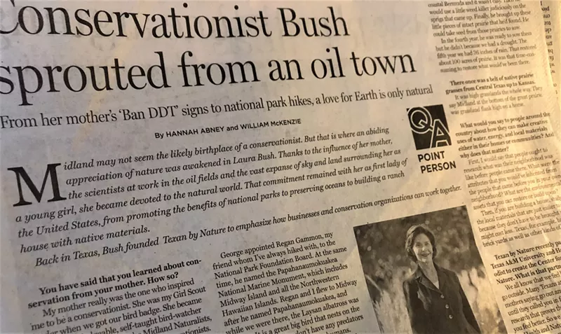 Image: At least every other week the Points section of The Dallas Morning News carries a story written by a staff member of the George W. Bush Center in Dallas about how great Laura Bush is. And she is, but ... c'mon. Mother Teresa isn't great every other week.